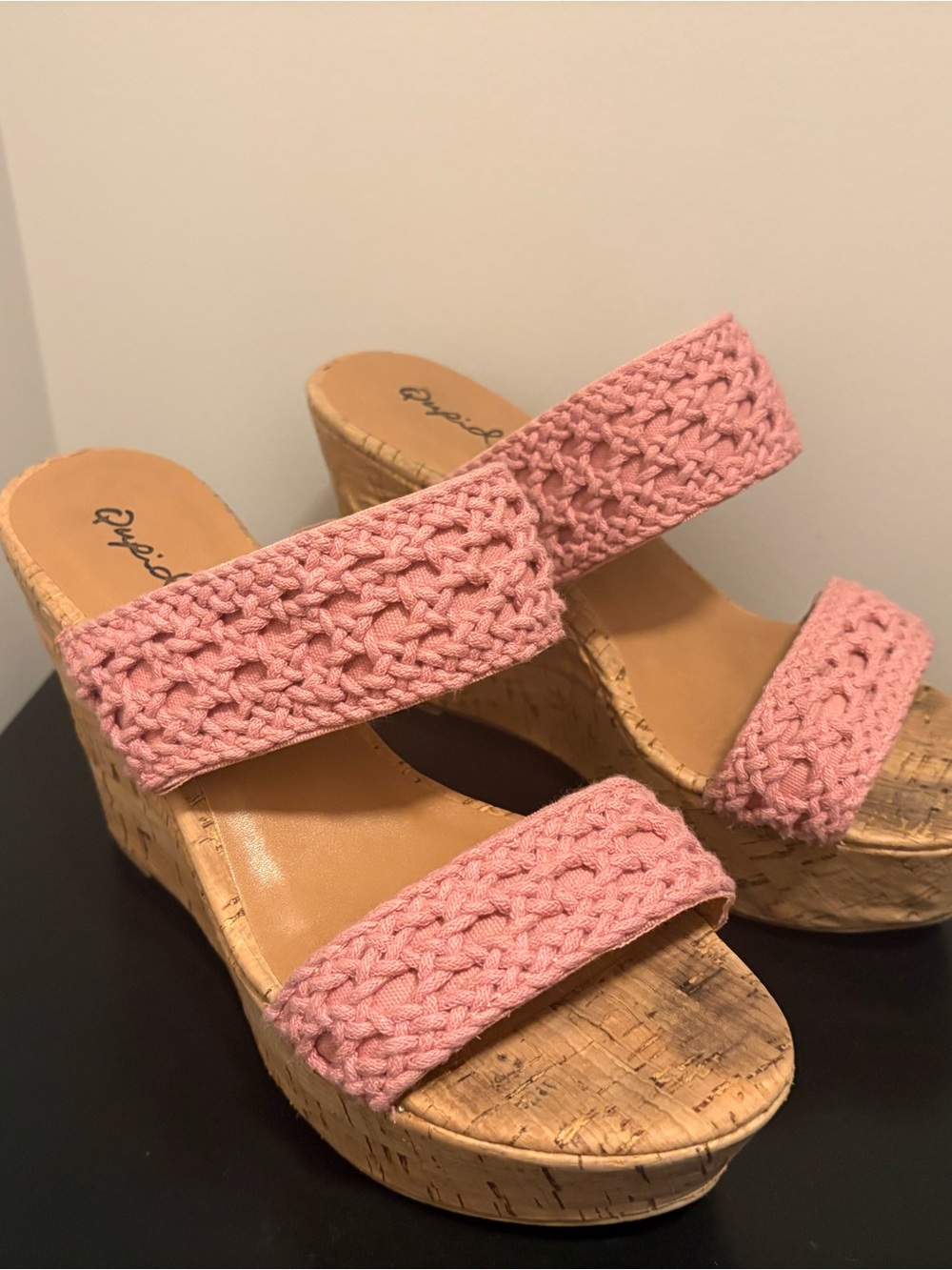 Pink Crochet Wedge Sandals with Cork Sole- Women